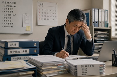 引き継ぎ業務を一人で抱える50代管理職のイメージ